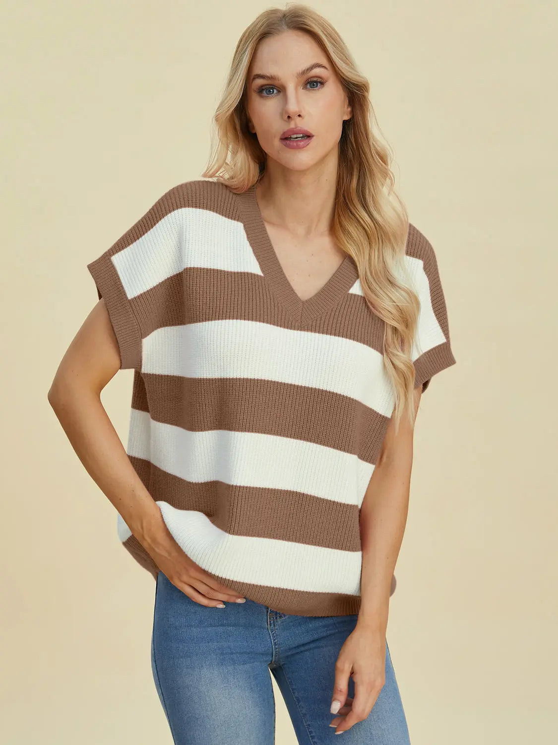 Double Take Full Size Striped V-Neck Short Sleeve Sweater Trendsi