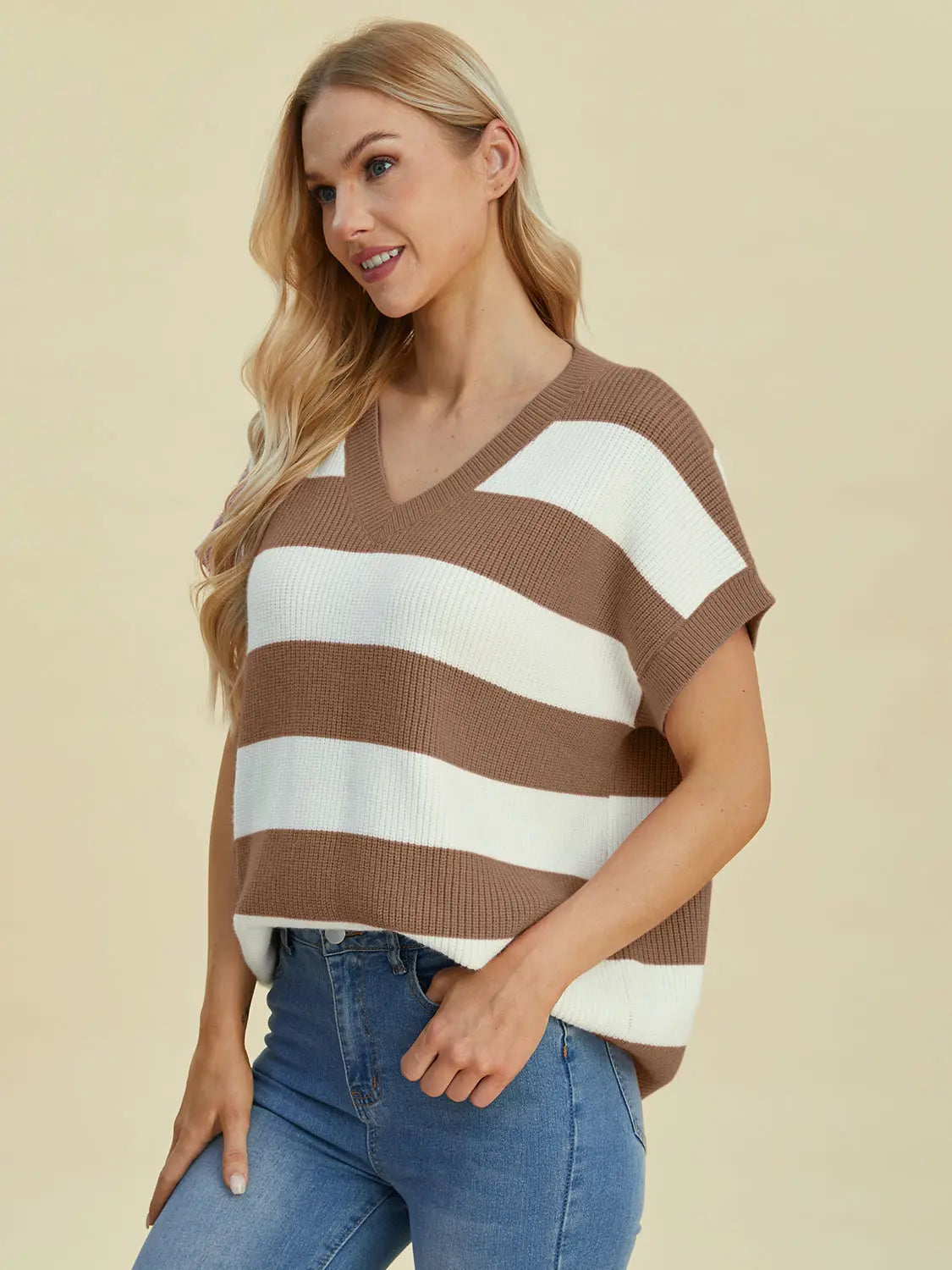 Double Take Full Size Striped V-Neck Short Sleeve Sweater Trendsi