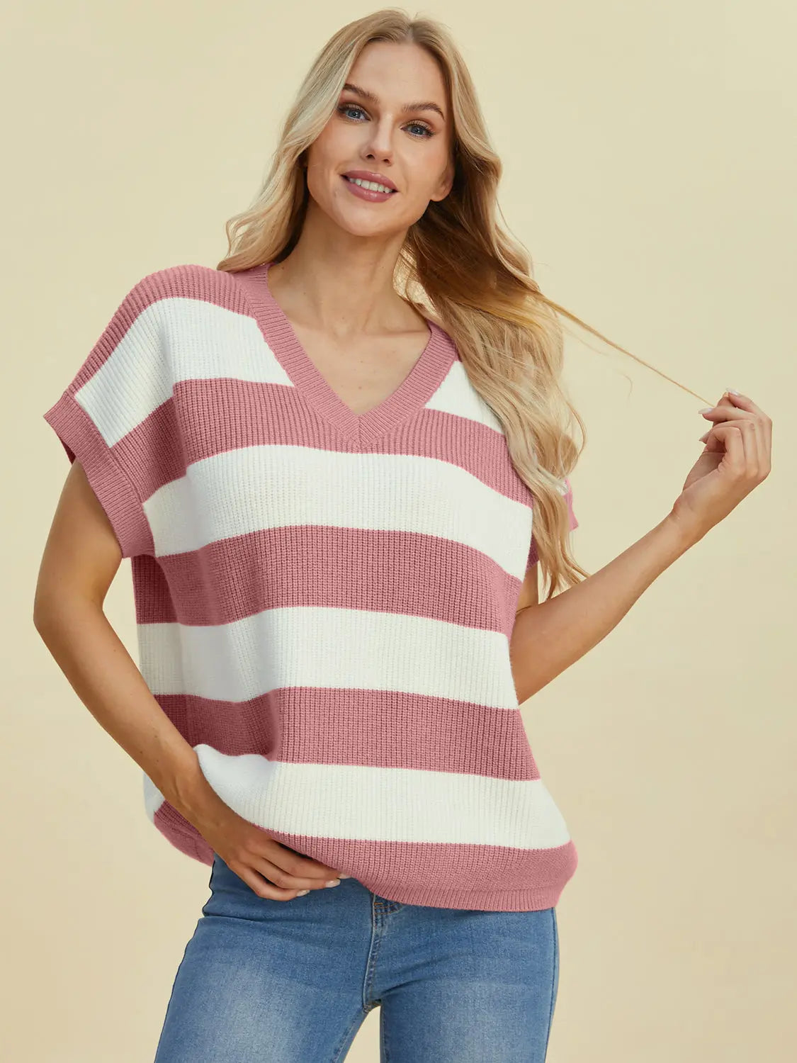 Double Take Full Size Striped V-Neck Short Sleeve Sweater Trendsi