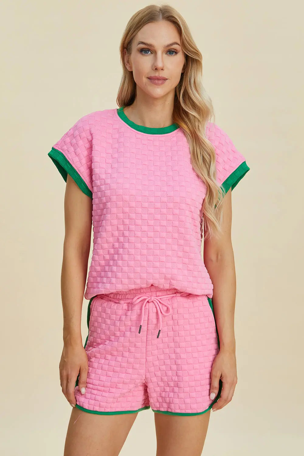 Double Take Full Size Texture Contrast T-Shirt and Shorts Set Trendsi