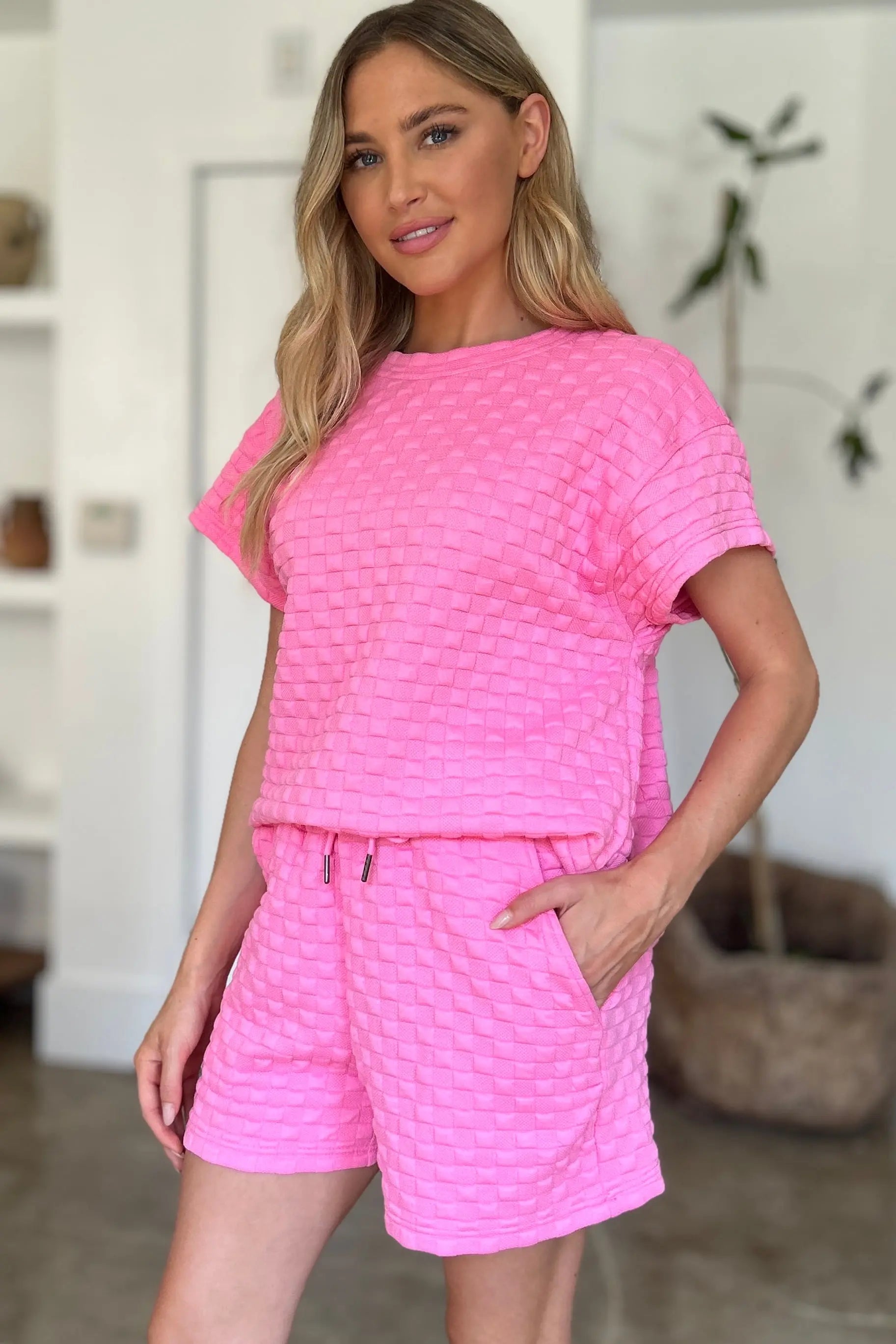 Double Take Full Size Texture T-Shirt and Shorts Set Trendsi