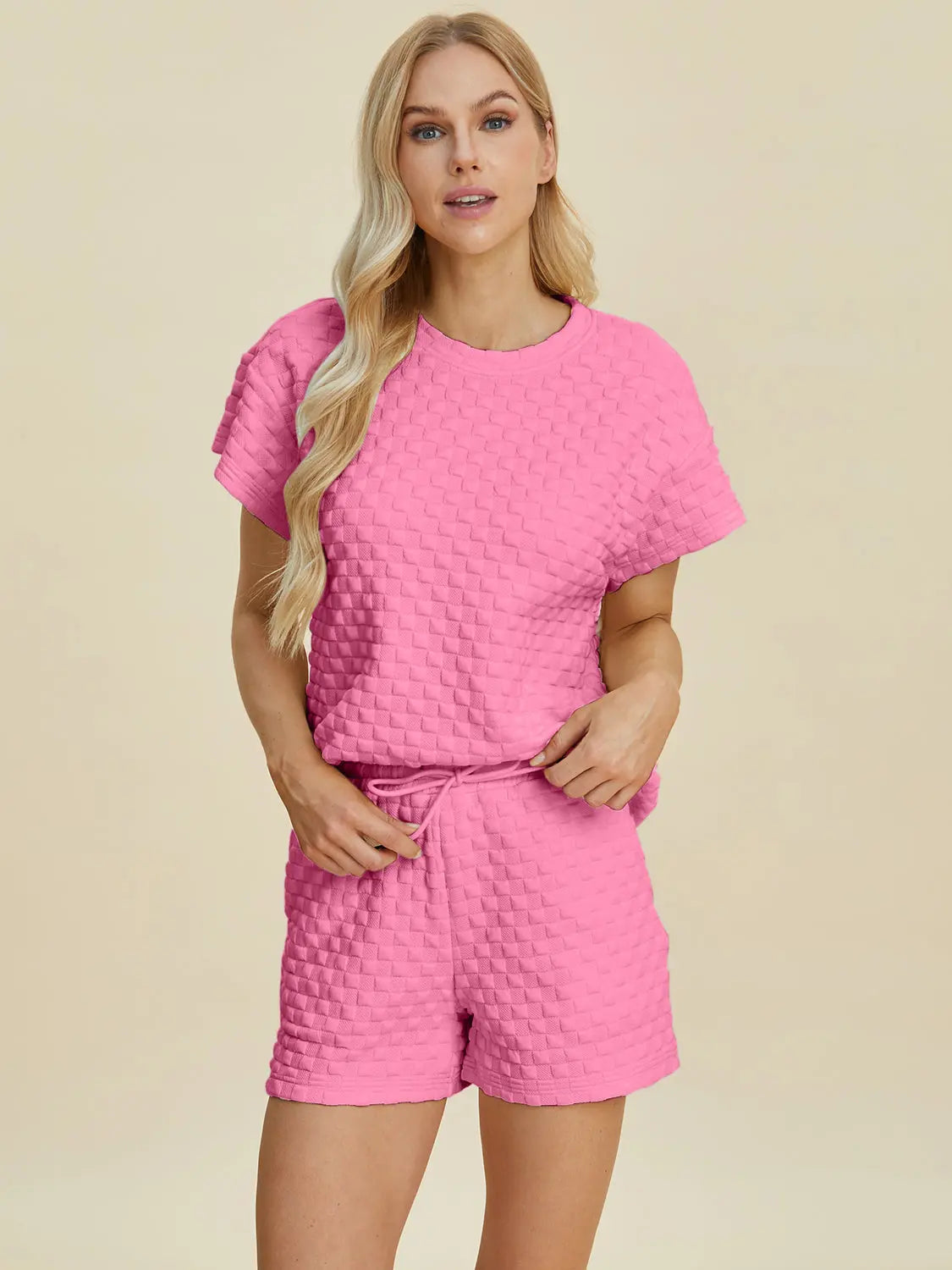 Double Take Full Size Texture T-Shirt and Shorts Set Trendsi