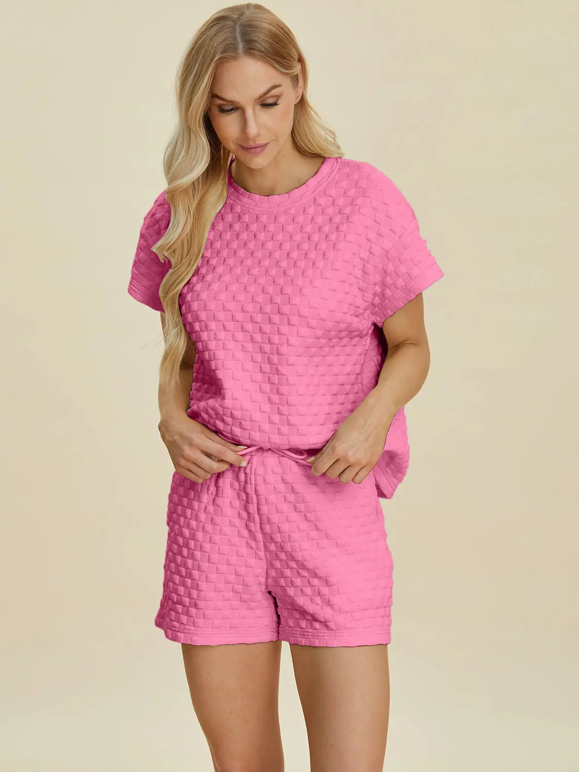 Double Take Full Size Texture T-Shirt and Shorts Set Trendsi