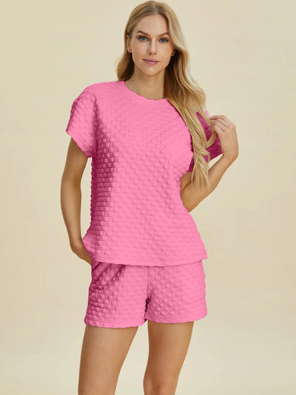 Double Take Full Size Texture T-Shirt and Shorts Set Trendsi