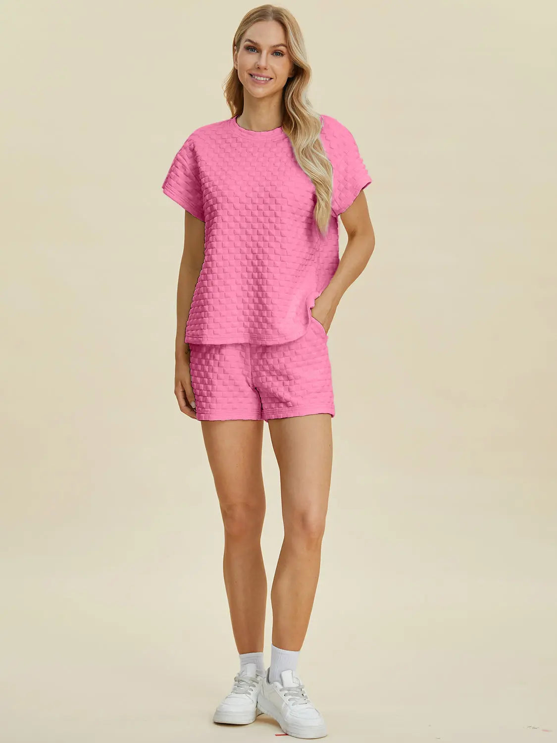 Double Take Full Size Texture T-Shirt and Shorts Set Trendsi