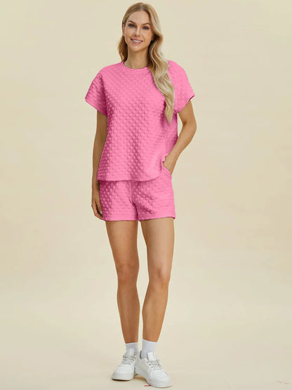 Double Take Full Size Texture T-Shirt and Shorts Set Trendsi