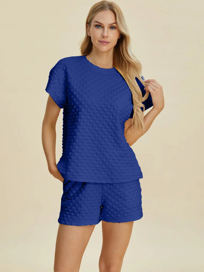 Double Take Full Size Texture T-Shirt and Shorts Set Trendsi