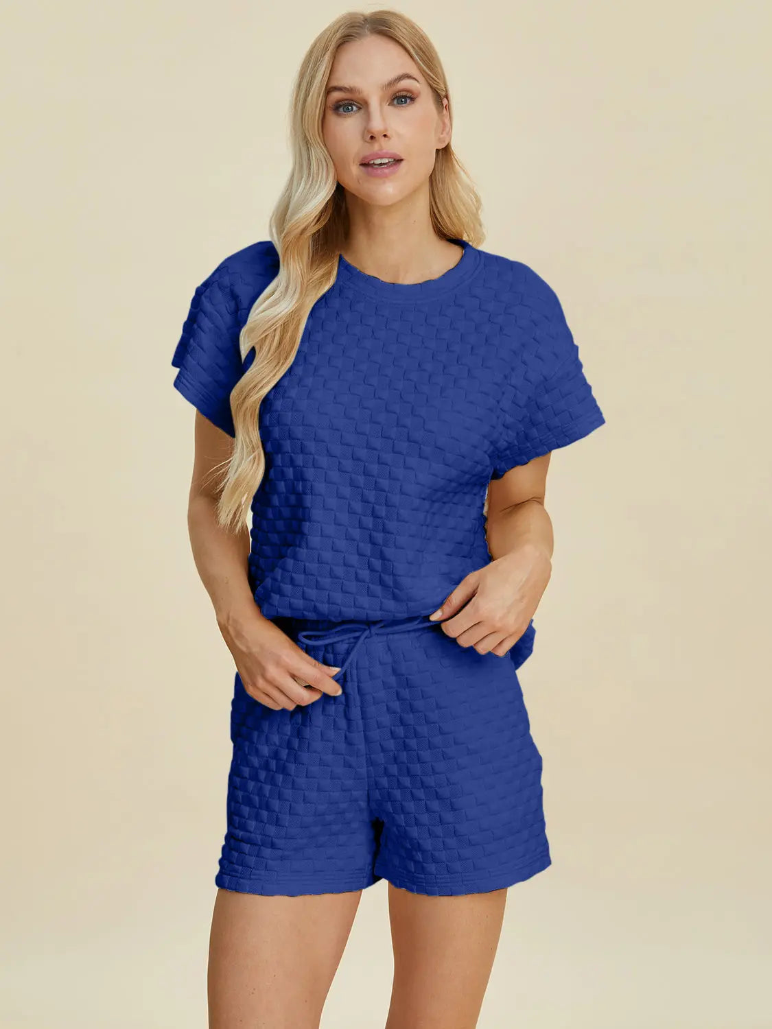 Double Take Full Size Texture T-Shirt and Shorts Set Trendsi