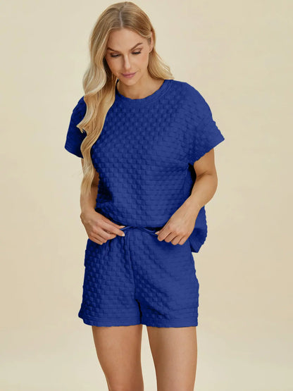 Double Take Full Size Texture T-Shirt and Shorts Set Trendsi