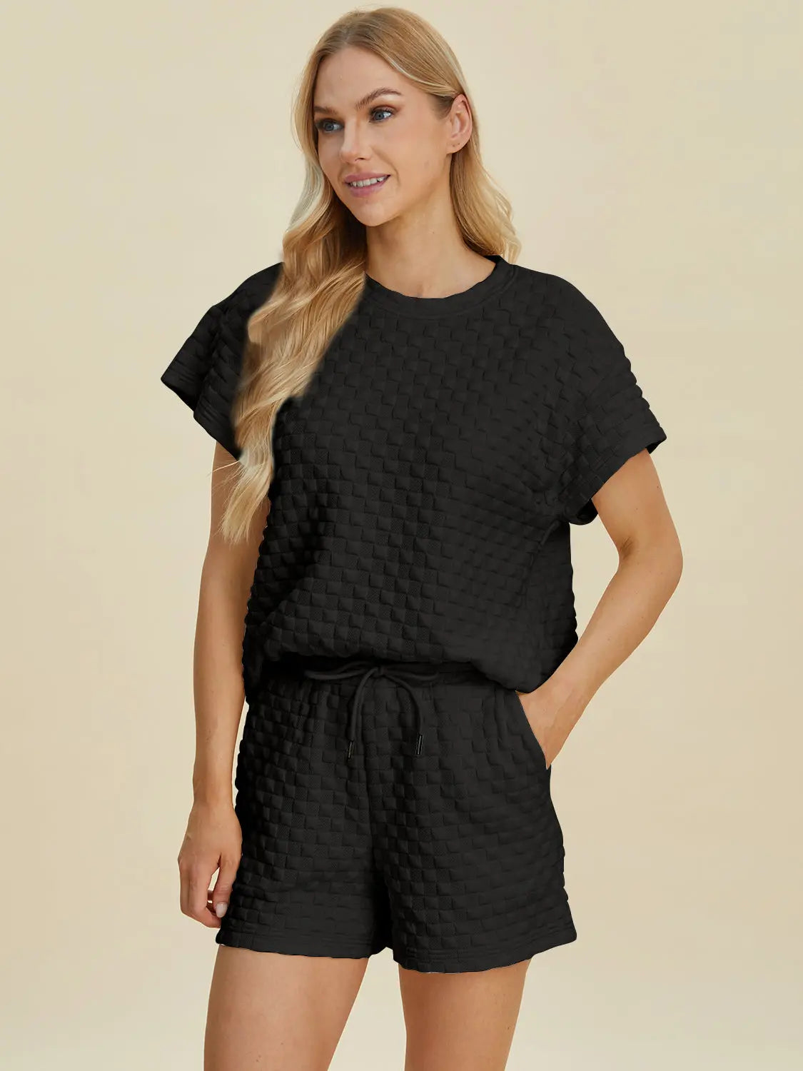 Double Take Full Size Texture T-Shirt and Shorts Set Trendsi