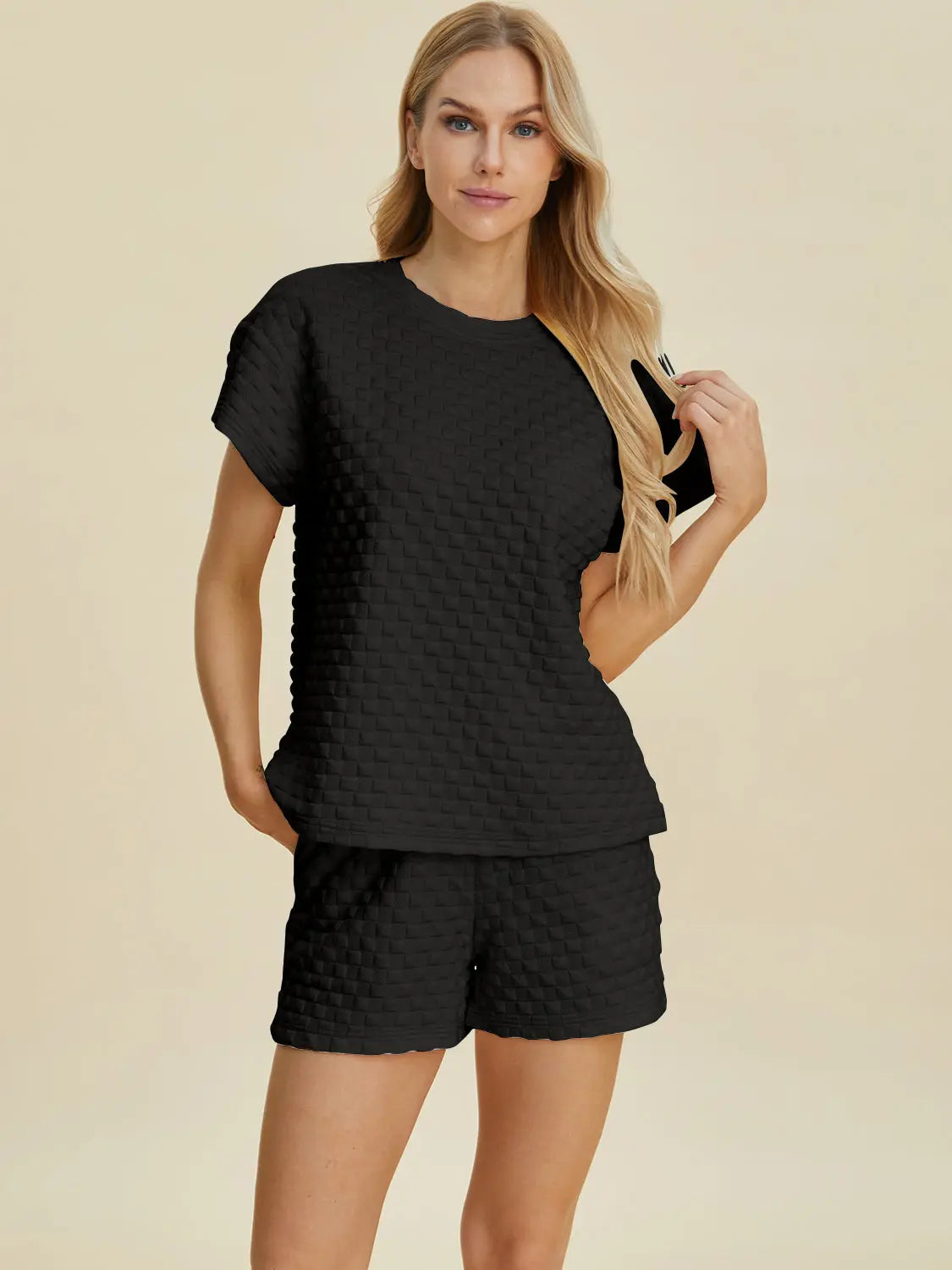 Double Take Full Size Texture T-Shirt and Shorts Set Trendsi