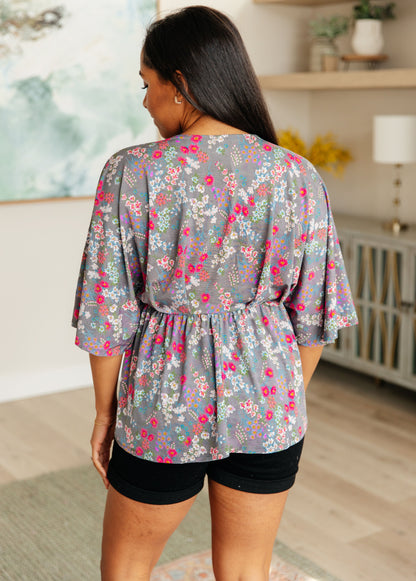 Dreamer Peplum Top in Grey and Pink Floral Ave Shops