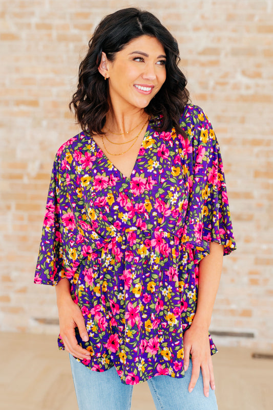 Dreamer Peplum Top in Purple and Pink Floral Ave Shops