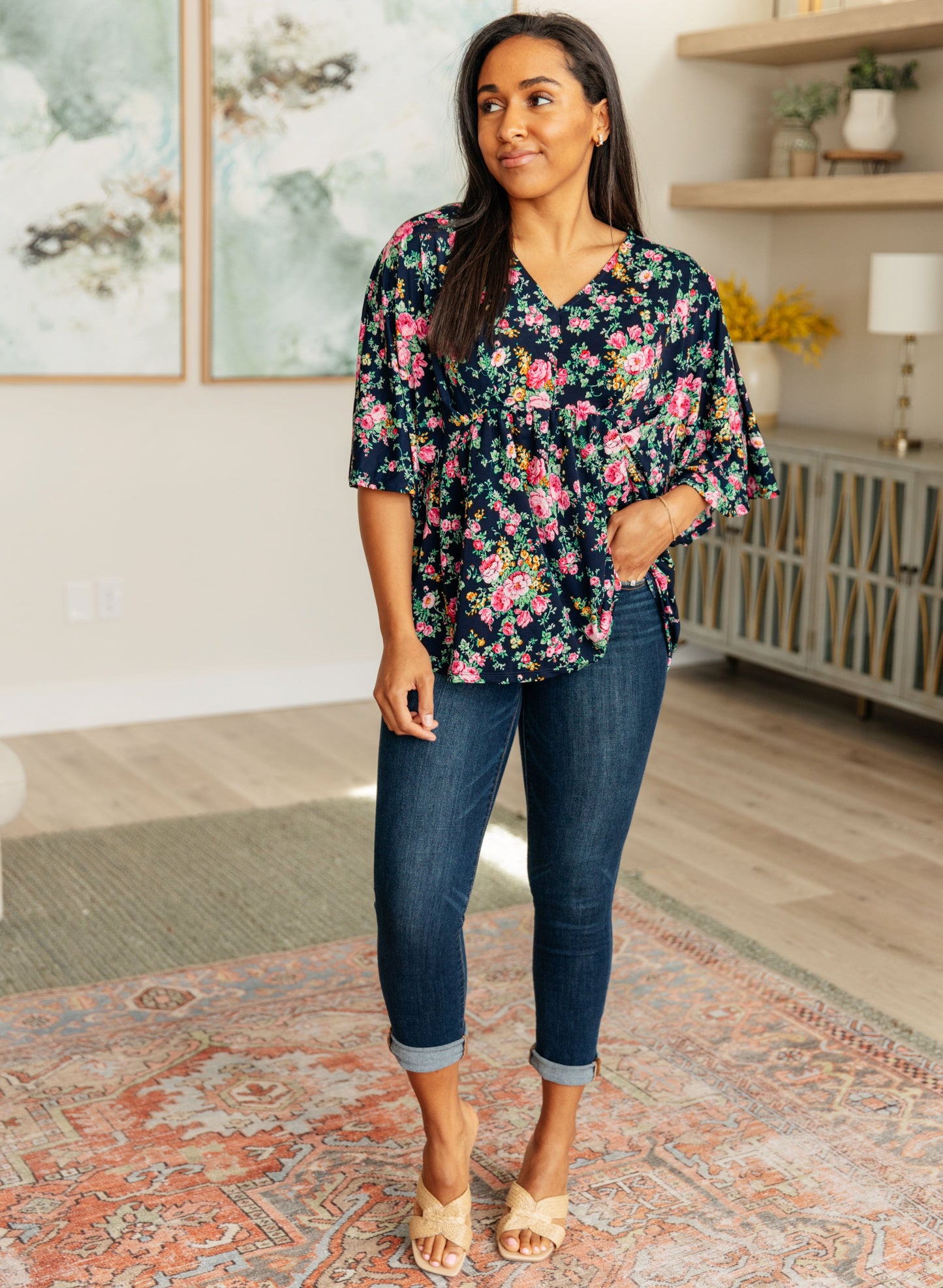 Dreamer Top in Navy and Pink Vintage Bouquet Ave Shops