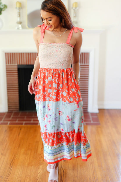 Haptics Vacay Vibes Taupe Floral Smocked Tube Top Tiered Maxi Dress