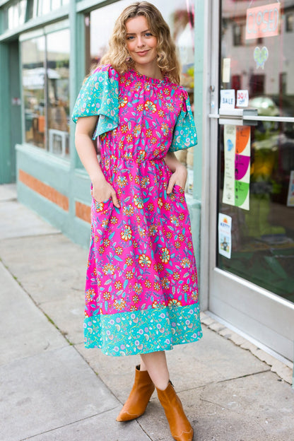 Haptics Charming Fuchsia & Mint Floral Frill Mock Neck Flutter Sleeve Midi Dress