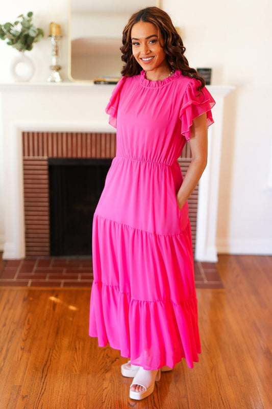 Haptics Perfectly You Hot Pink Mock Neck Tiered Chiffon Maxi Dress