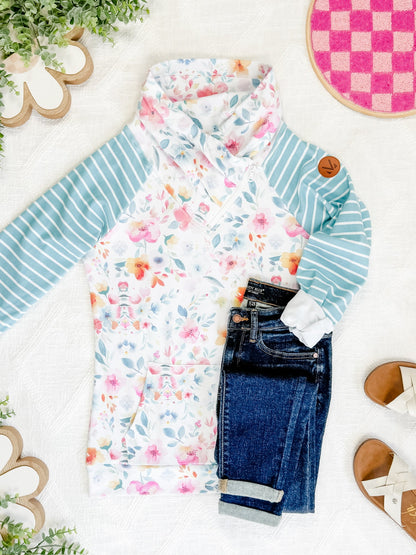 Zoey Zip Cowl Sweatshirt - Watercolor Floral and Stripes