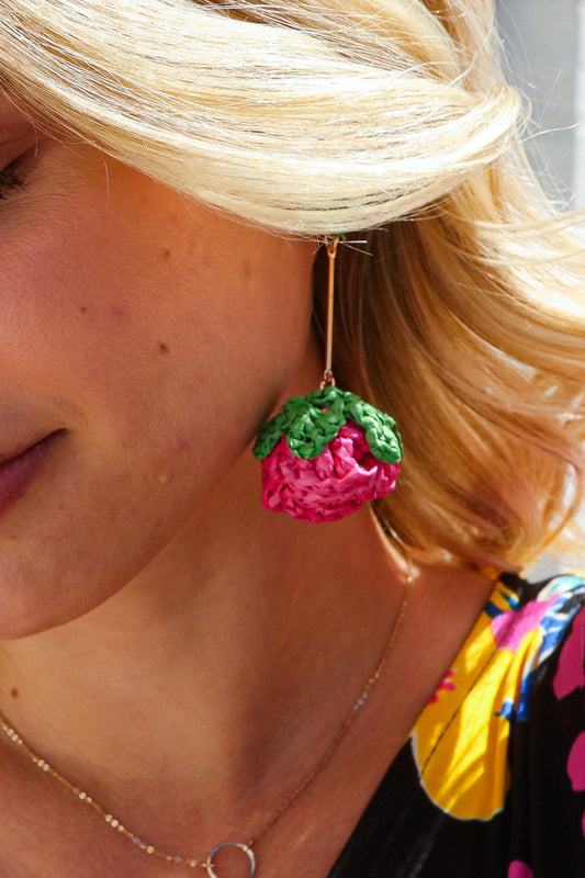 Fuchsia Strawberry Woven Rattan Gold Dangle Earrings Marie Claire