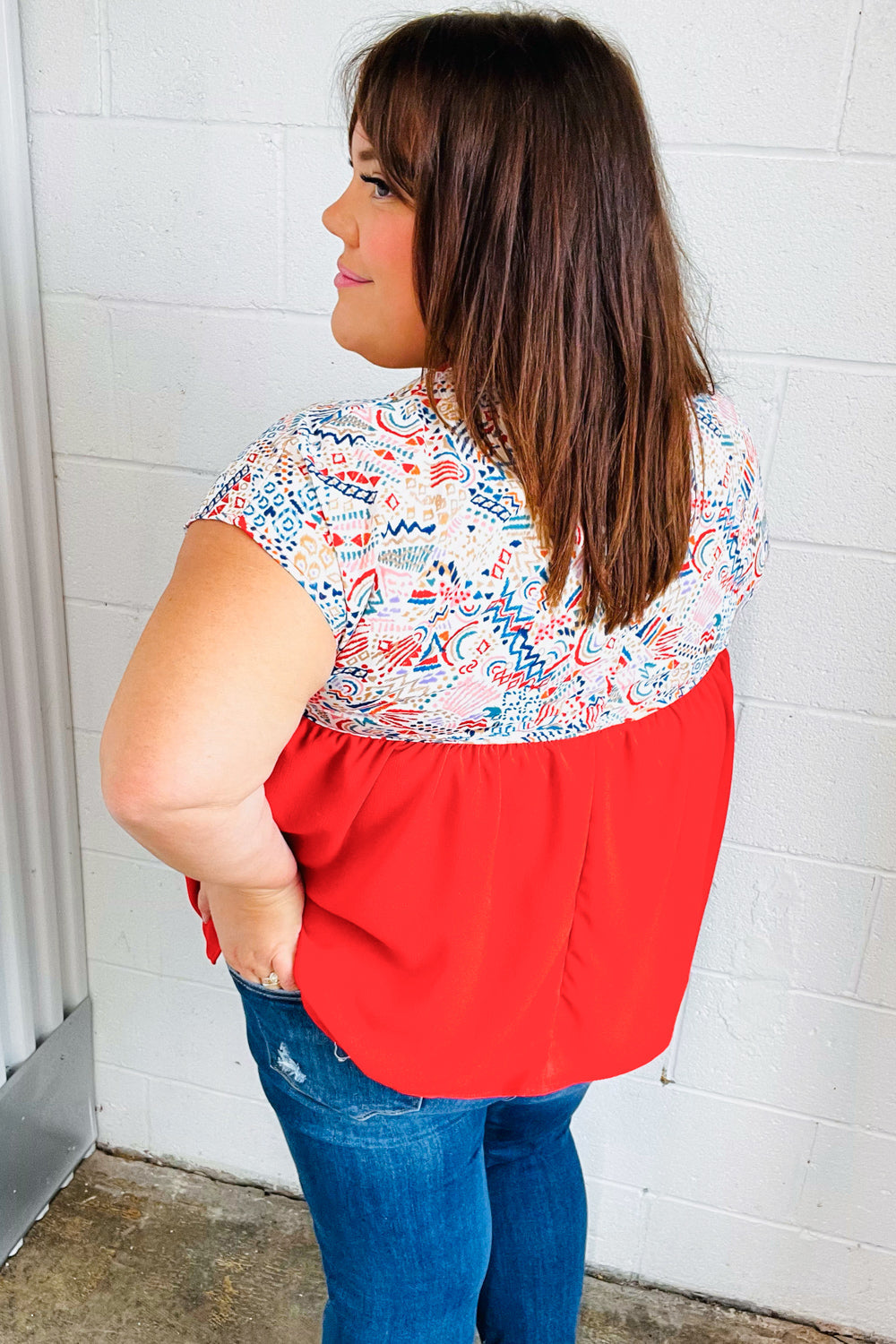 Red Boho Print Tie Neck Dolman Top