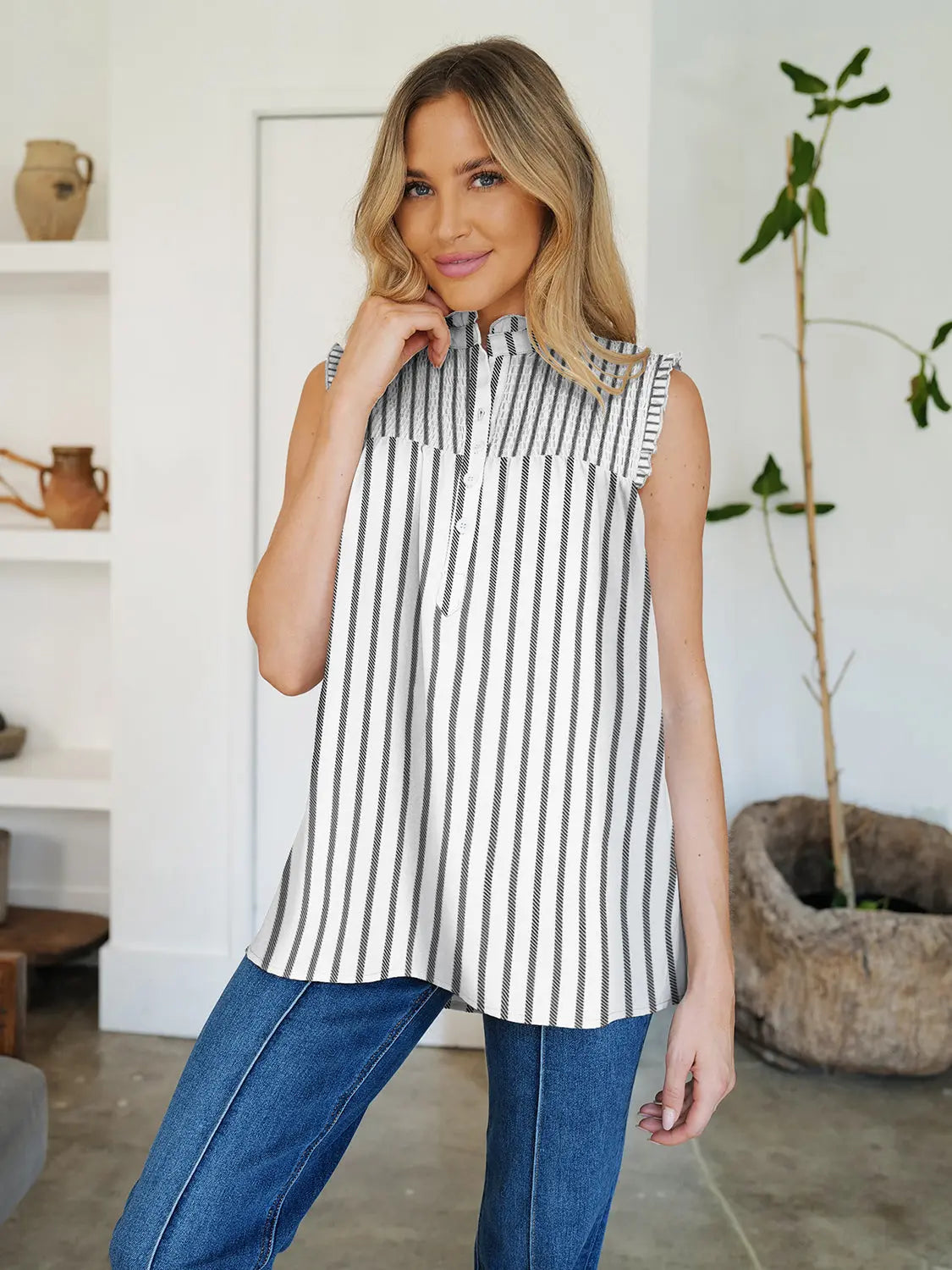 Frill Printed Mock Neck Top Trendsi