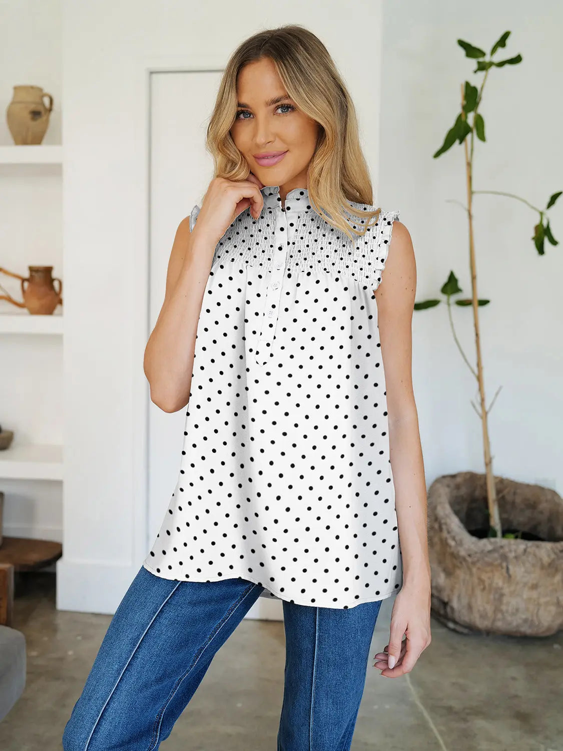 Frill Printed Mock Neck Top Trendsi