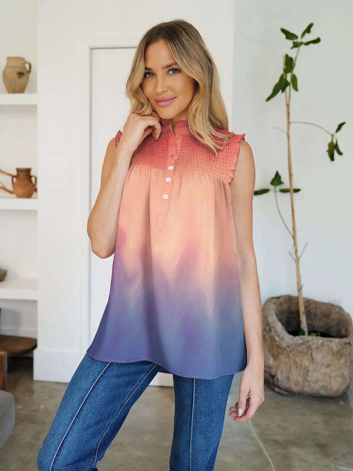 Frill Printed Mock Neck Top Trendsi