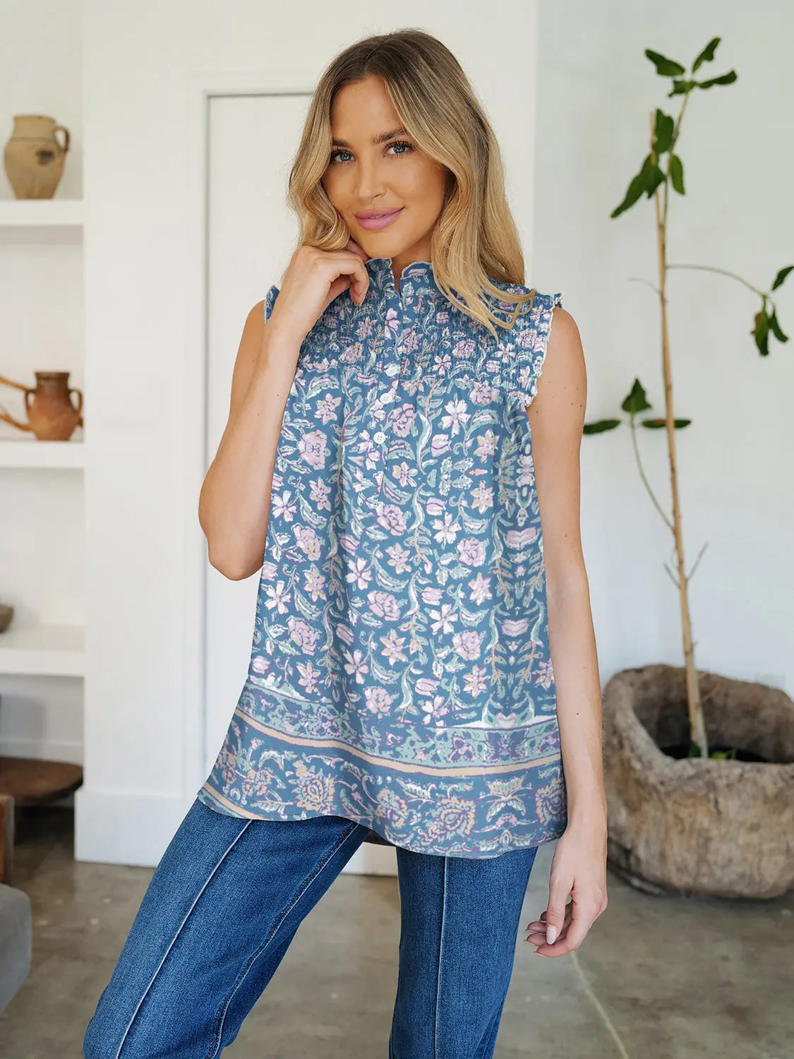 Frill Printed Mock Neck Top Trendsi