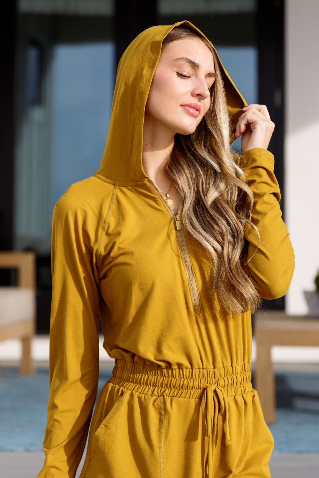 Getting Out Long Sleeve Hoodie Romper Gold Spice Ave Shops