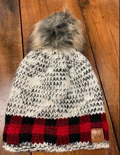 Grey heather with red plaid trim hat - The Magnolia Cottage Boutique