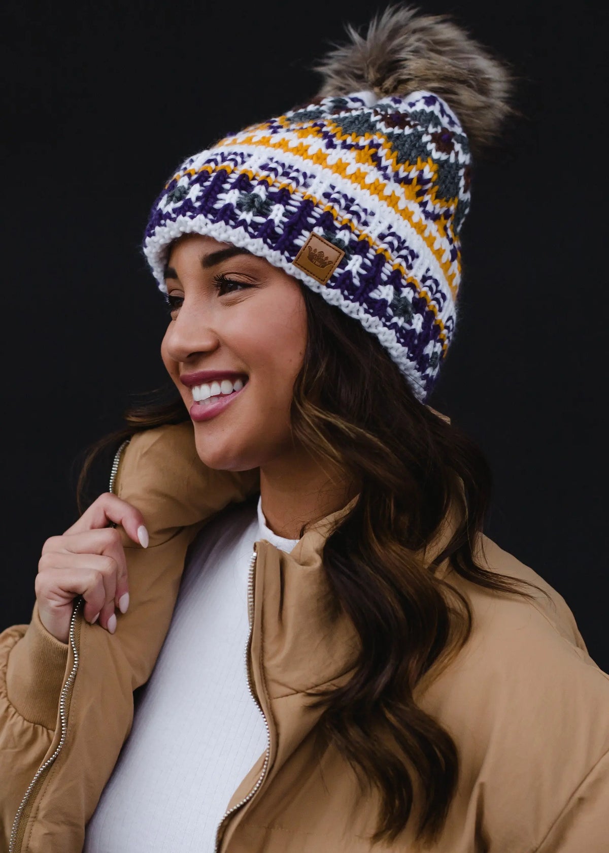 White Purple and Gold Pattern Pom Hat The Magnolia Cottage Boutique