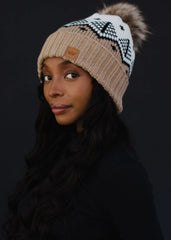 Tan White and Black Pom Hat The Magnolia Cottage Boutique