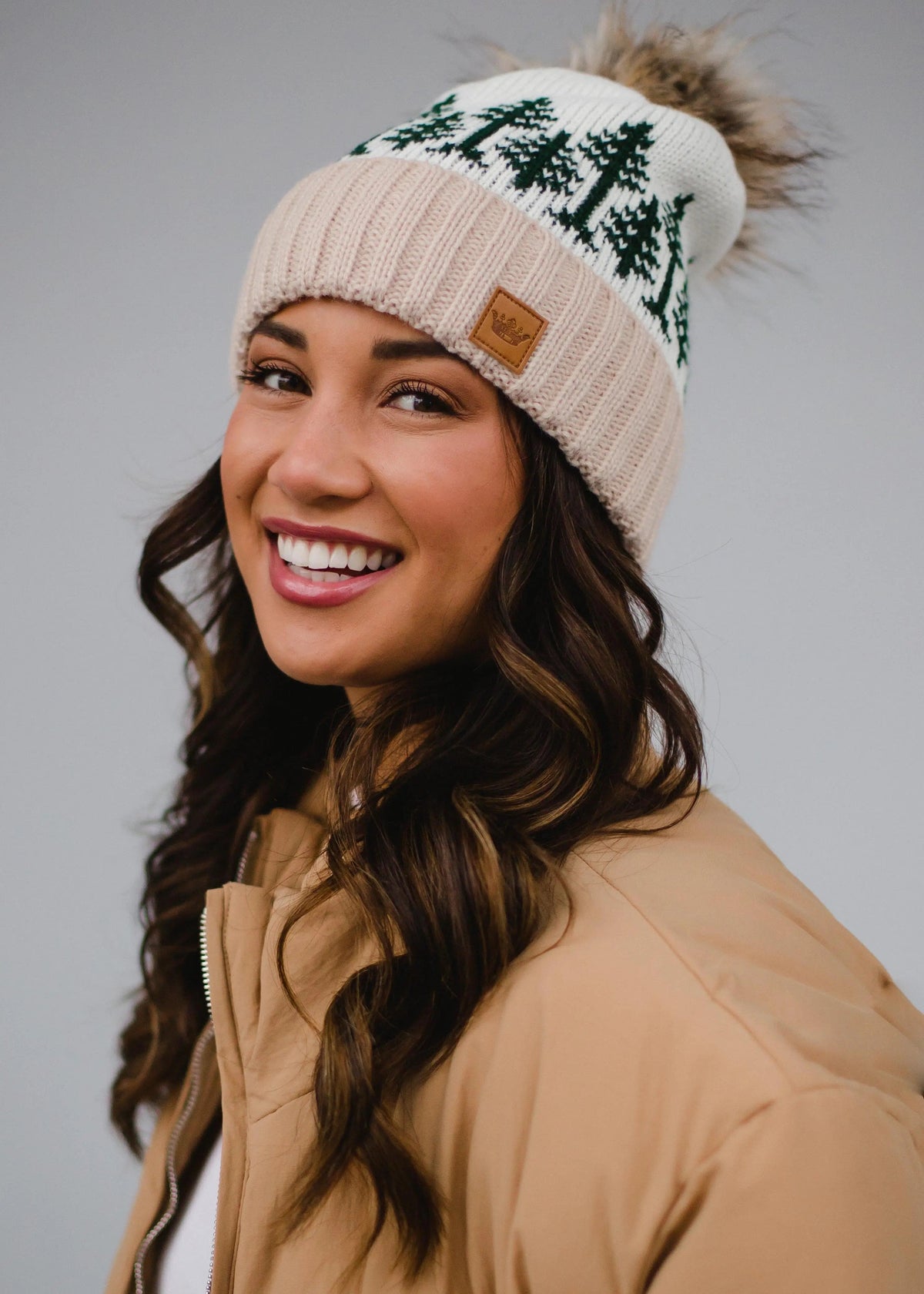 Tan White and Green Tree Pattern Pom Hat The Magnolia Cottage Boutique