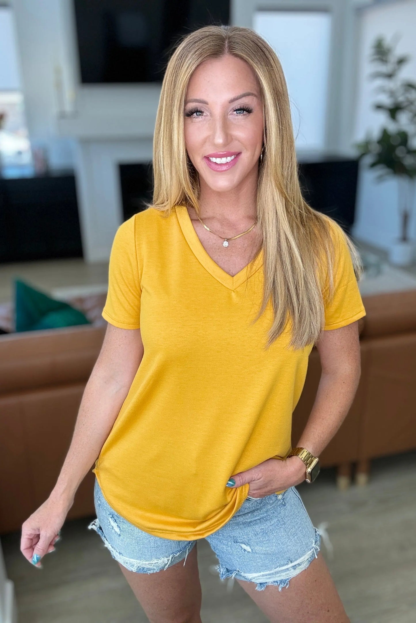 Heart and Soul V-Neck Top in Mustard Ave Shops