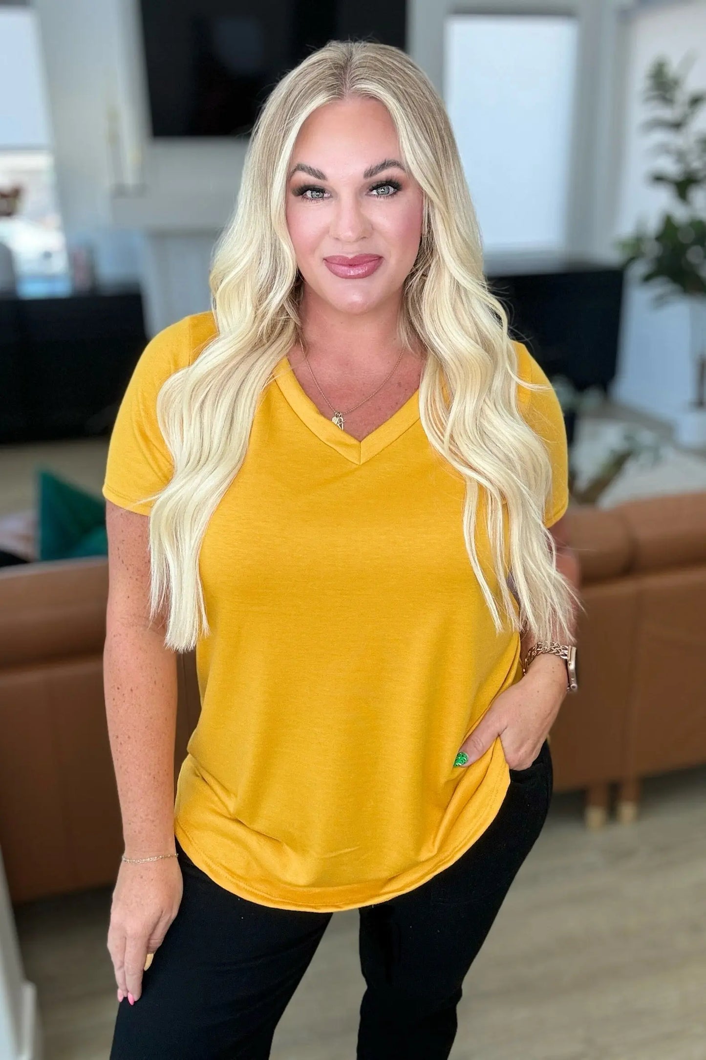 Heart and Soul V-Neck Top in Mustard Ave Shops