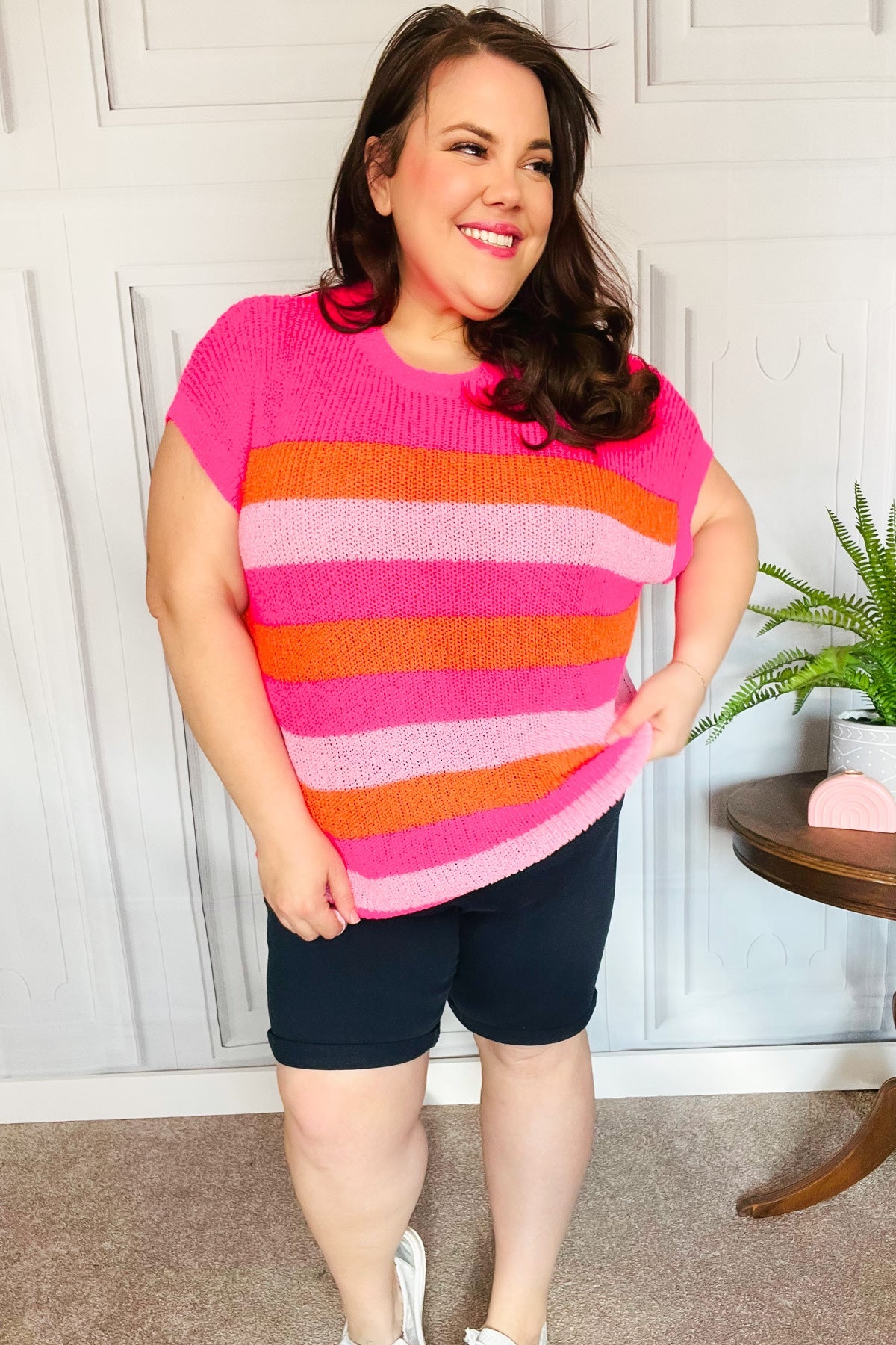 Haptics Fuchsia & Orange Stripe Short Sleeve Dolman Sweater