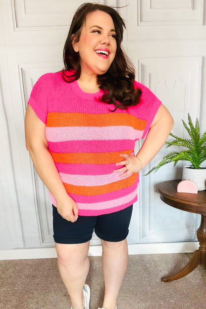 Haptics Fuchsia & Orange Stripe Short Sleeve Dolman Sweater