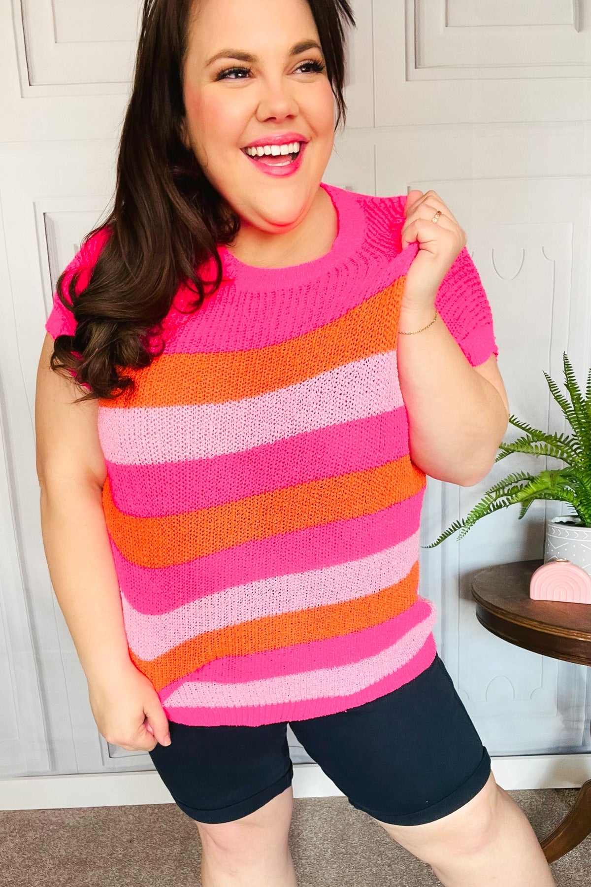 Haptics Fuchsia & Orange Stripe Short Sleeve Dolman Sweater