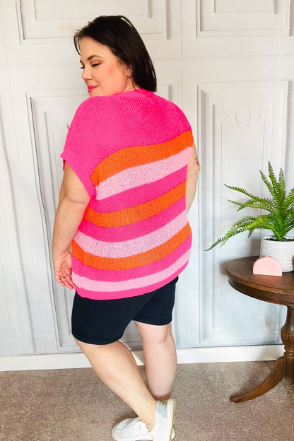 Haptics Fuchsia & Orange Stripe Short Sleeve Dolman Sweater