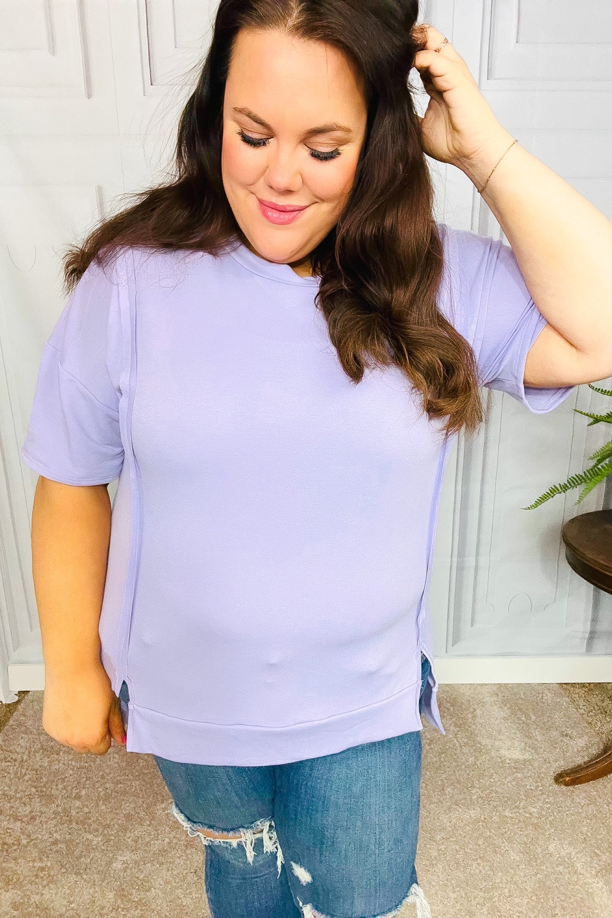 Haptics Perfectly Poised Lilac Cut Edge French Terry Top