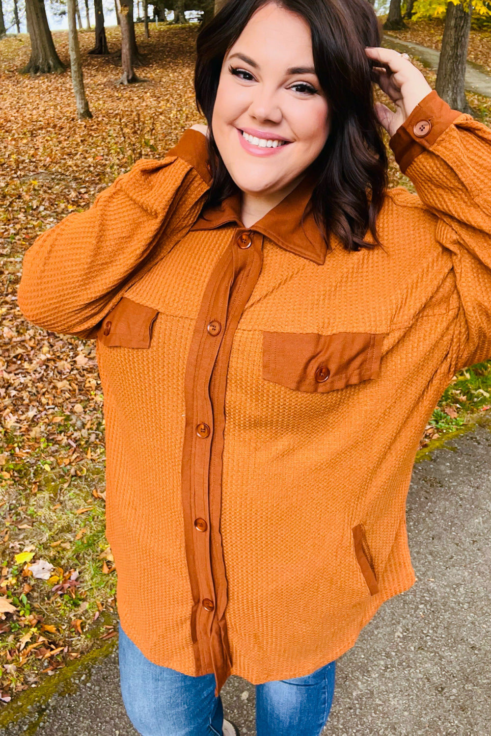 Rust Waffle Button Down Oversized Shacket