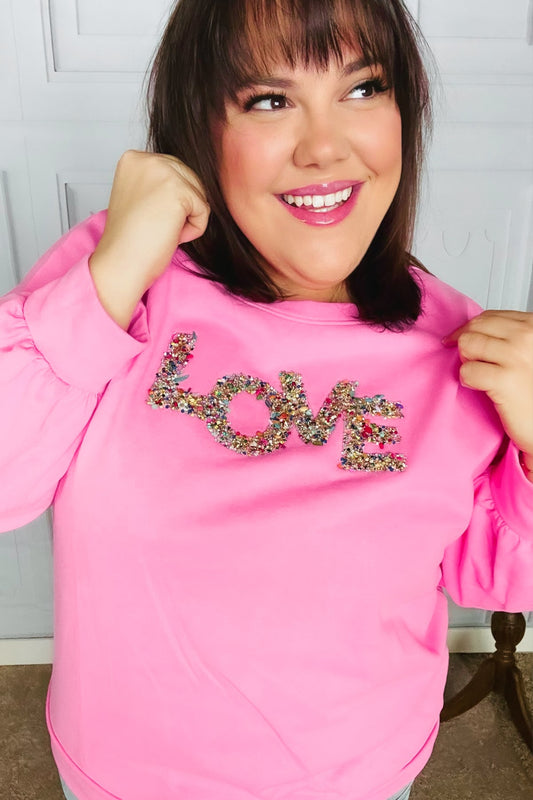 Haptics Pink Love Jewel Beaded Patch Pullover Top