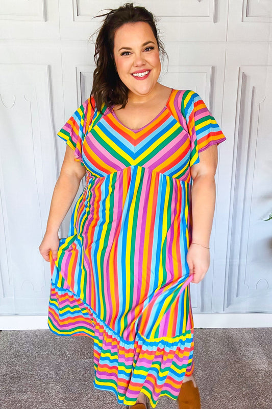 Haptics Bright Thoughts Rainbow Stripe Flutter Sleeve Fit & Flare Midi Dress