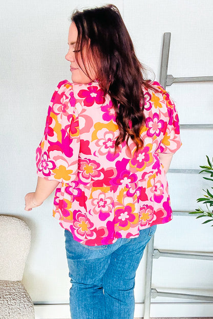 Find Love Pink/Yellow Floral Frill Balloon Short Sleeve Top