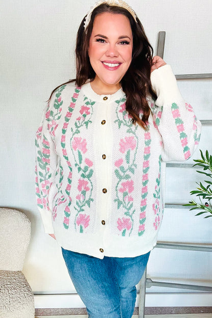 All For Love Ivory Jacquard Vertical Floral Button Down Cardigan