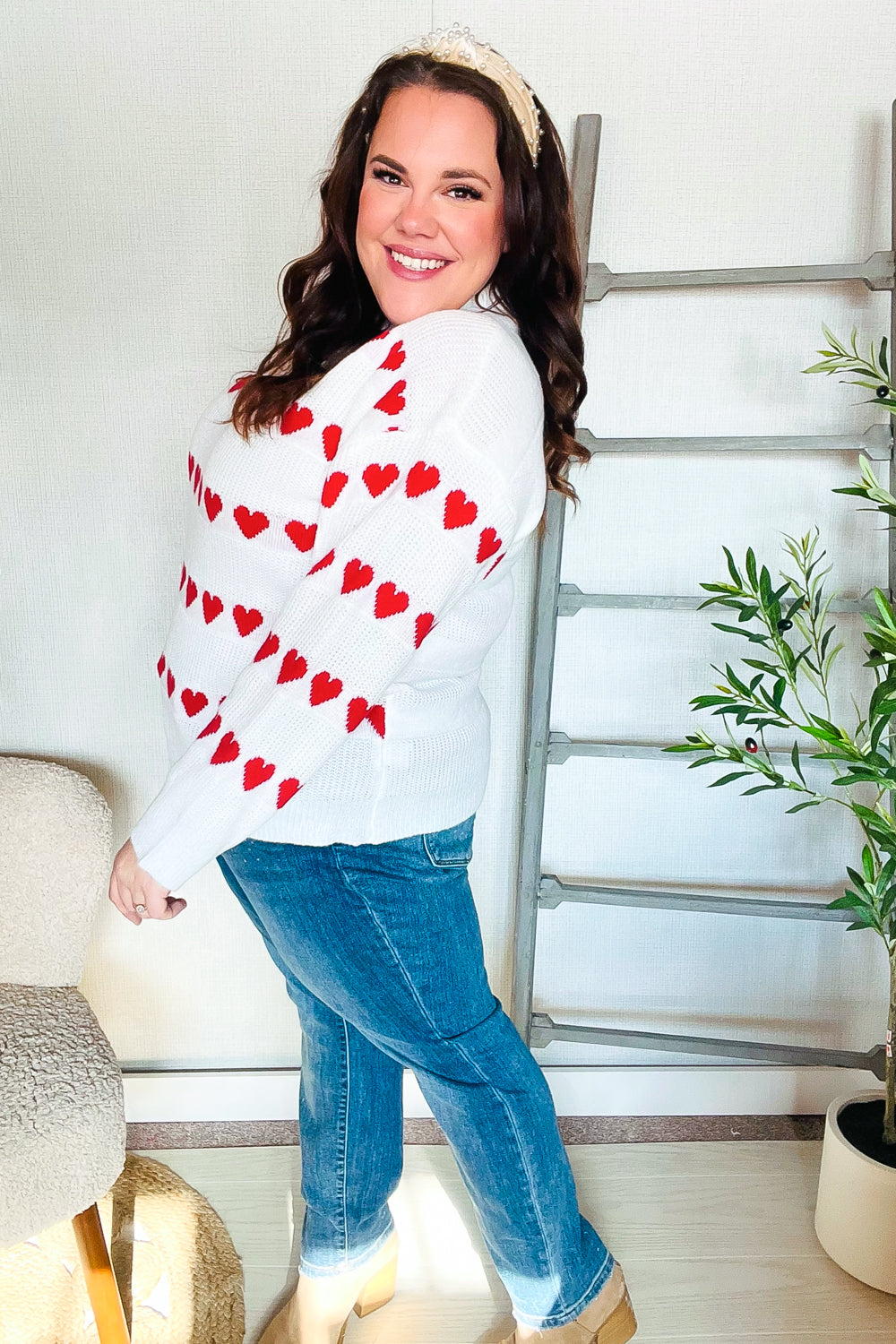 Be Mine White Jacquard Heart Stripe Pullover Sweater