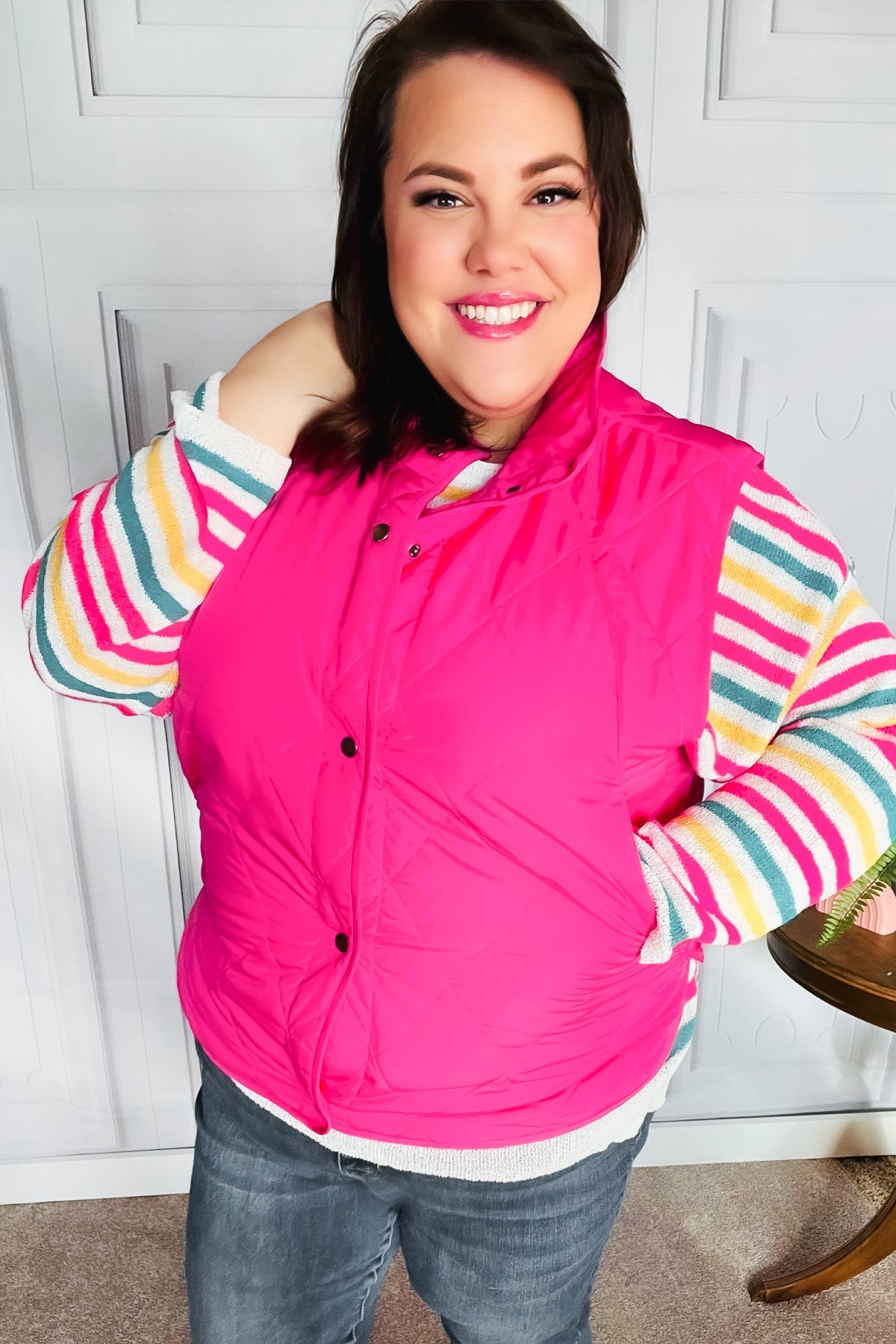 Haptics You Got This Hot Pink High Neck Quilted Puffer Vest