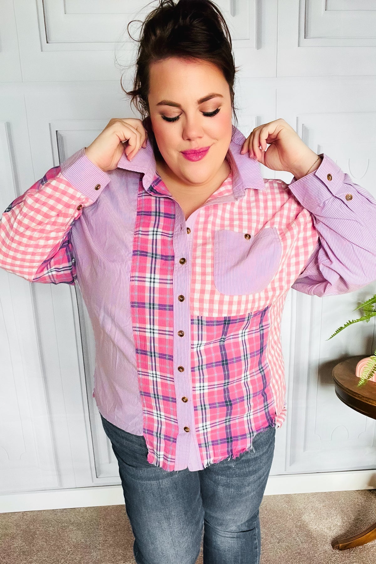 Haptics Everyday Bliss Pink & Navy Plaid Color Block Button Down Top