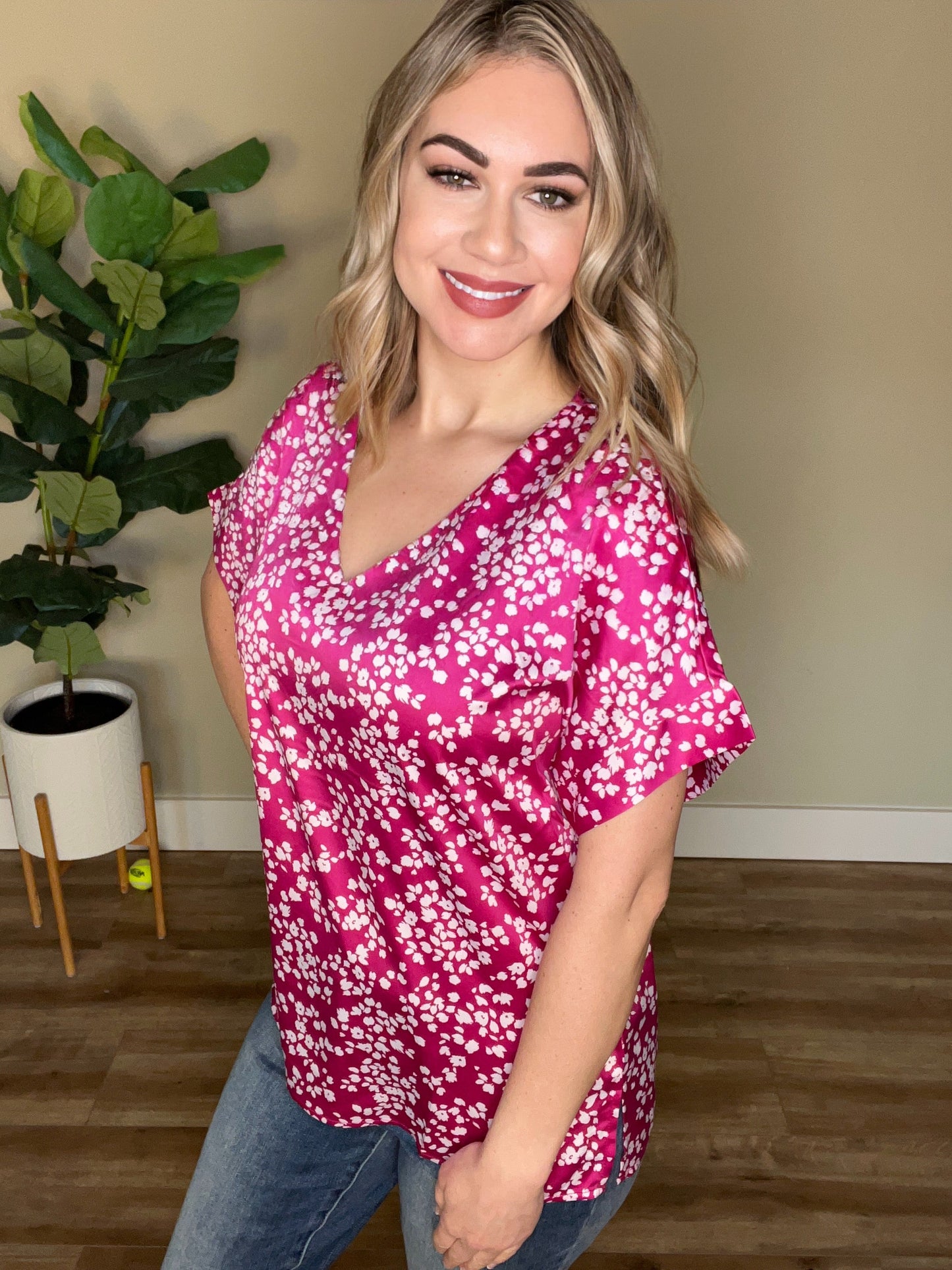 V Neck Blouse In Magenta & White Florals American Boutique Drop Ship