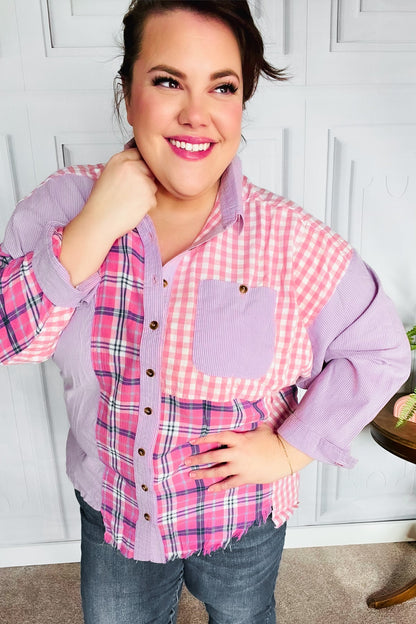 Haptics Everyday Bliss Pink & Navy Plaid Color Block Button Down Top
